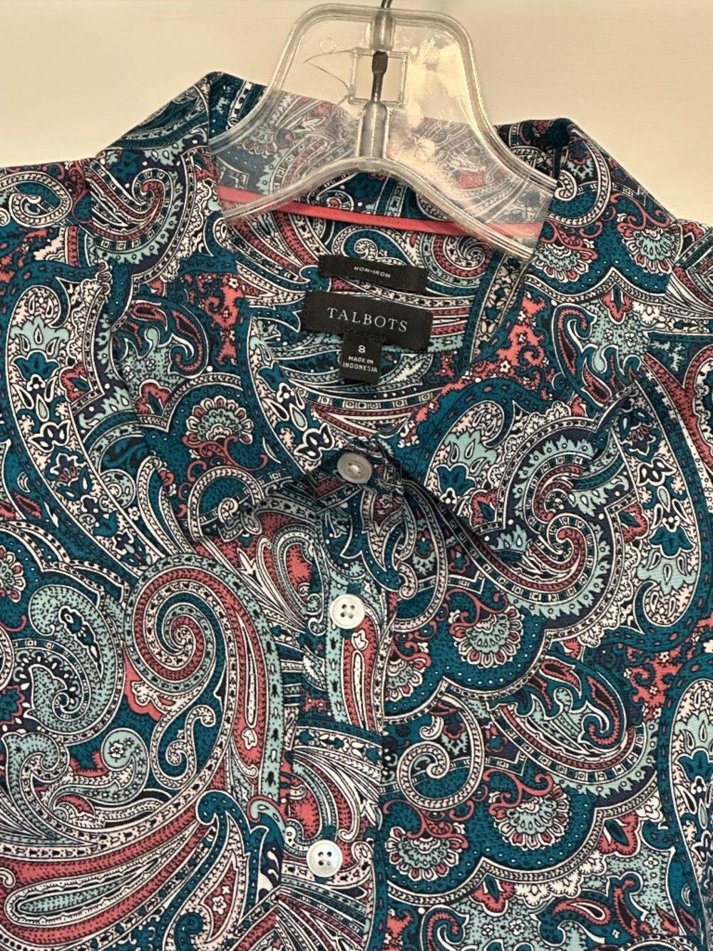 Talbots tailored paisley button down (turq, coral, dk & lt green, white, blk), 8